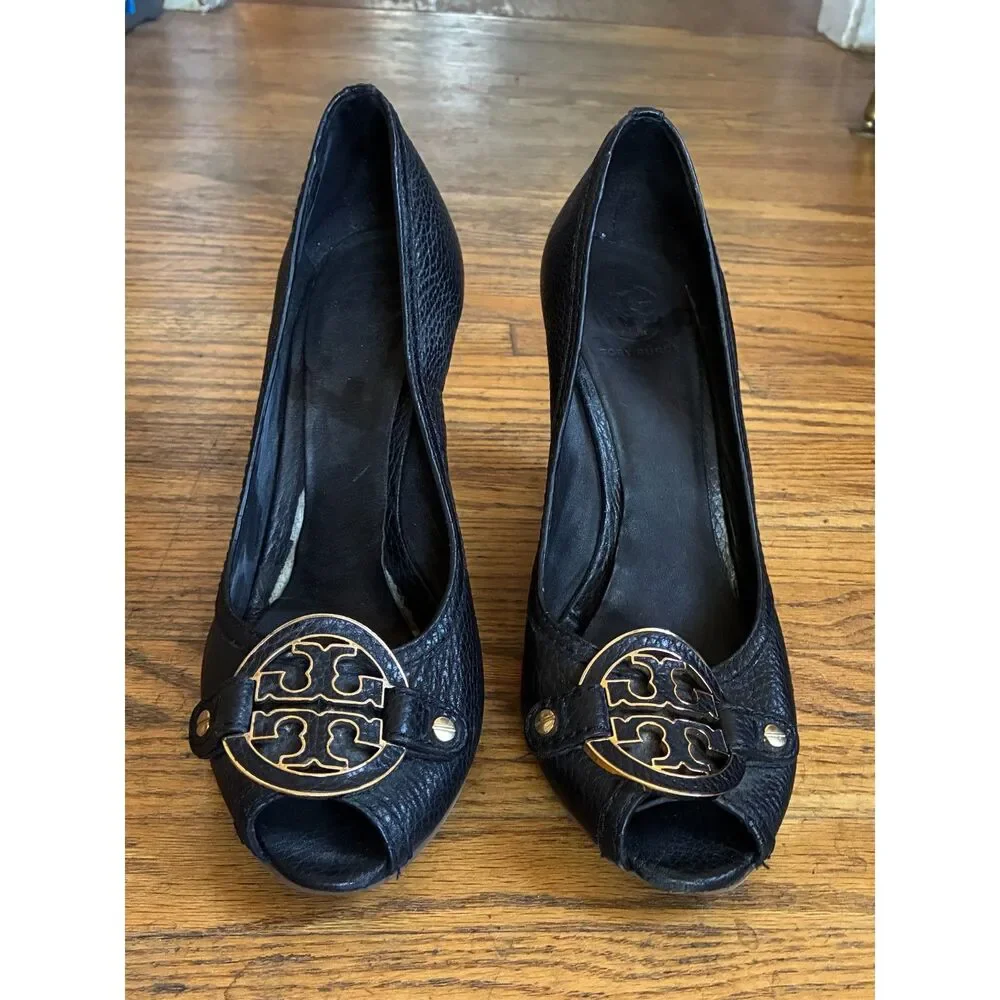 Tory Burch Amanda Black Leather Logo Peep Toe Wedge Heels Shoes  Women's Size 11